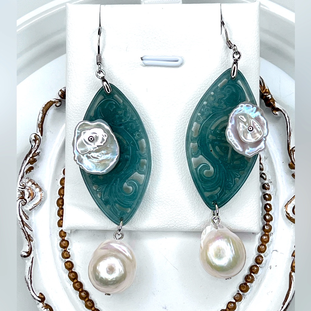 New Collection Handmade Freshwater Pearl Jade And Jadeite Collection Earrings